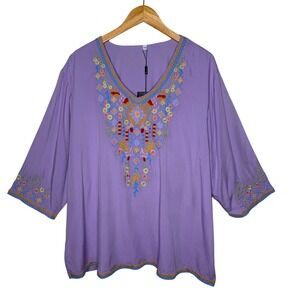 New Gosiea Purple Embroidered V-Neck Tunic Top 3XL Boho Cotton Rayon Cottagecore